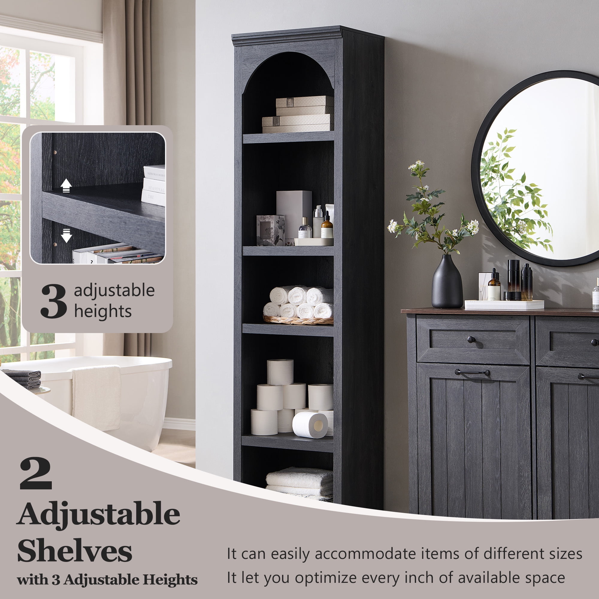 SinCiDo Arched Bathroom Storage Cabinet with Adjustable Shelves, 5-Tier Narrow Bathroom Cabinet for Bathroom, Kitchen, Living Room, Grey