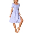 thumbnail image 4 of Vestido Gingham con Fruncido Inspire Chic para Mujer, Cuello Cuadrado, Con Abertura Lateral, Vestidos de Cuadros Casual, L Púrpura, 4 of 6