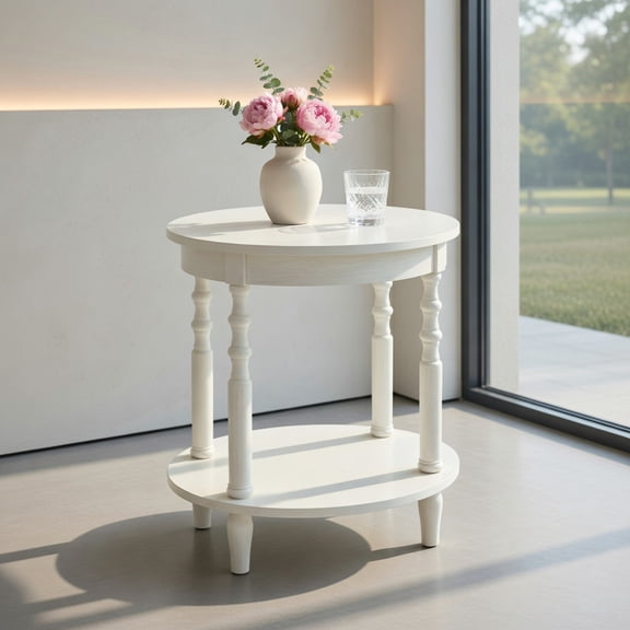 Resenkos 2-Tier Oval Side Table with Storage Shelf and Solid Wood Legs-White, Nightstand Small Side Table, End Table for Bedroom Living Room