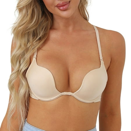 BYHONG Women Casual Vest Bra Low Back Bras Sexy Seamless Wireless Triangle Strappy Low Cut Open Back Halter Bras Beige 80B