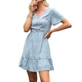 thumbnail image 4 of Xuanfei Women Floral Print Deep V Neck Short Sleeve Button Ruffled Hem Mini Dress, 4 of 7