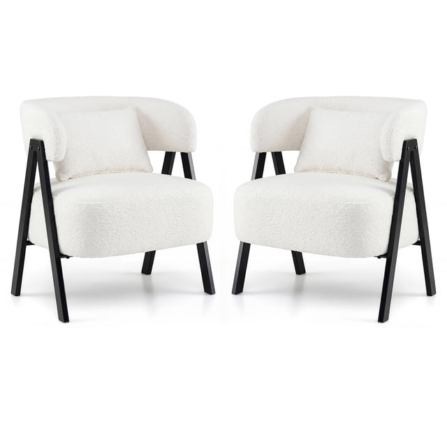 Costway 2 PCS Faux Rabbit Fur Upholstered Armchair w/Lumbar Pillow & Metal Legs White