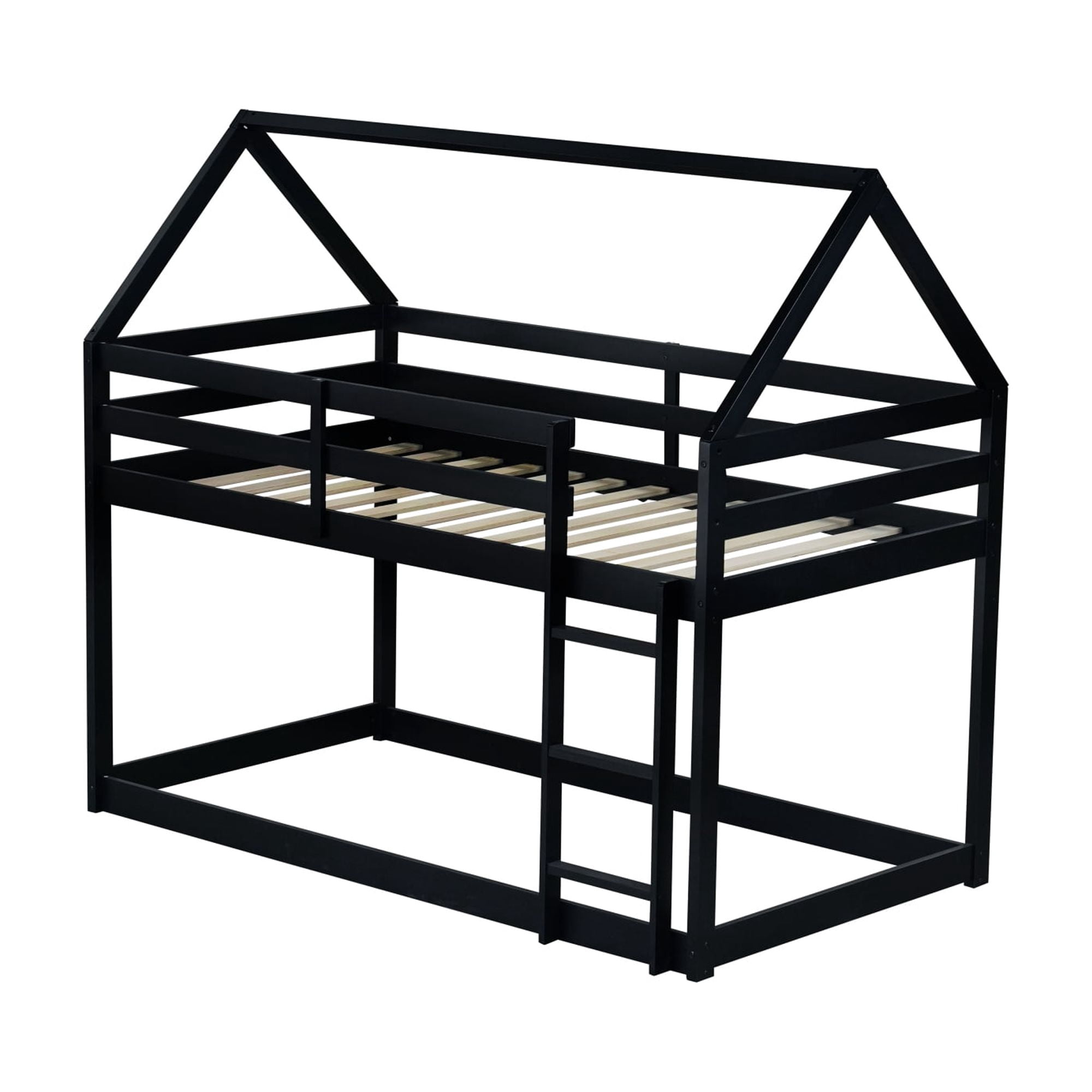 Leumius Twin over Twin Size Floor Bunk Bed with Ladder and Guardrails,House-Shaped-Bunk Bed for Boys Girls Black