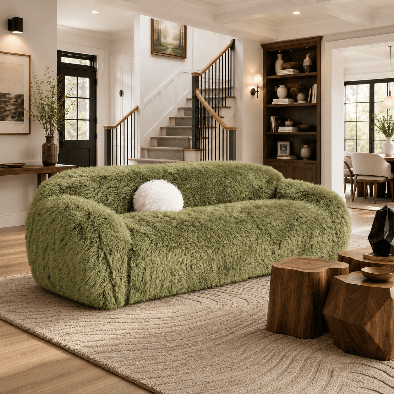 Aenkyo 84 Inch Plush Faux Fur Sofa, 25 Inch Deep Seat 3-Seater Couch with Ball Pillow, Gray
