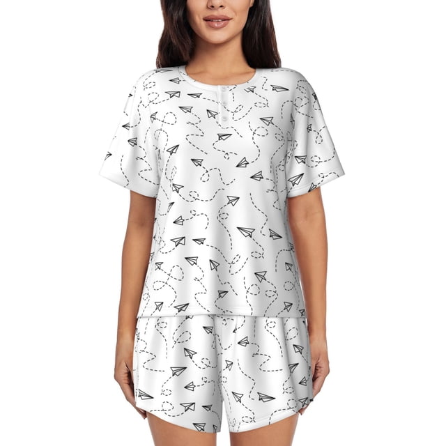 Fotbe Airplane Conjunto de Pijama Estampado para Mujer, 2 Piezas, Ropa de Dormir con Camiseta de Manga Corta y Shorts Suaves-4X-Large