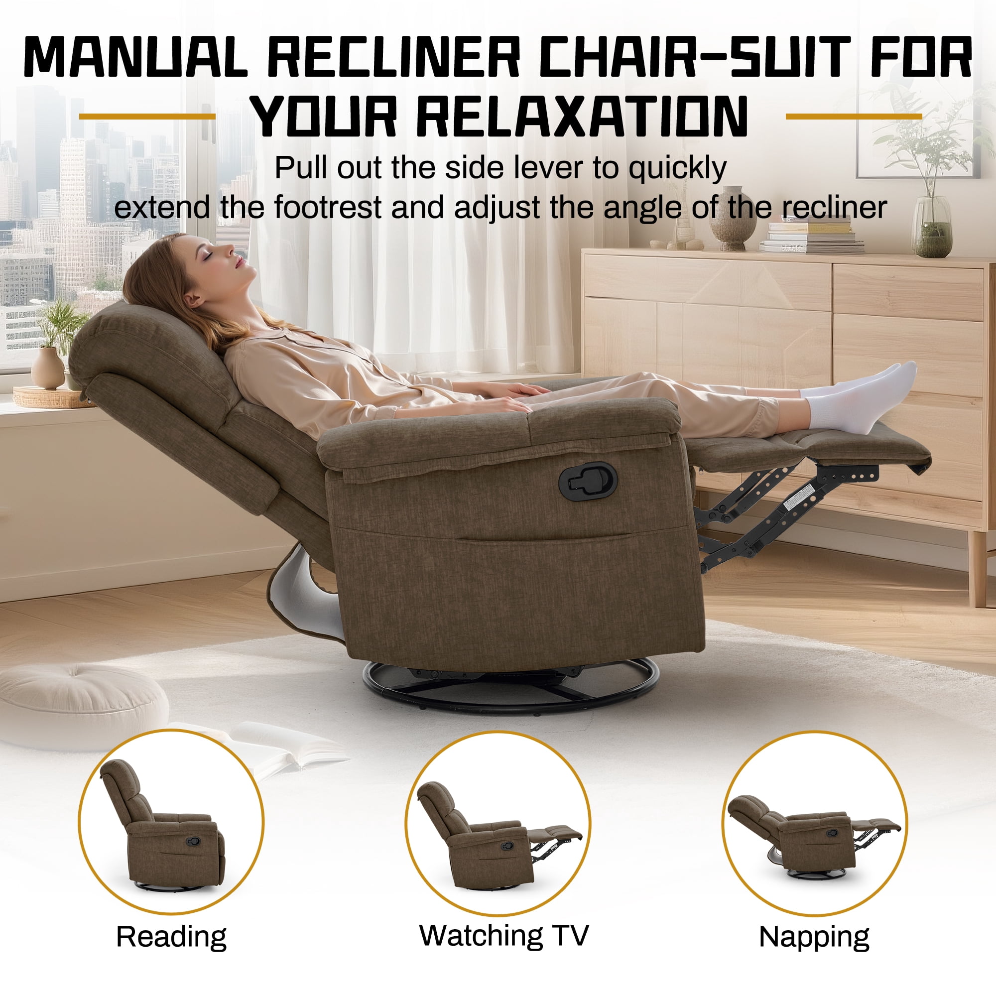 Korser 360°Swivel Recliner Chair for Adults with Side Pockets,Small Rocking Recliner for Small Spaces for Living Room,Nursery,Brown