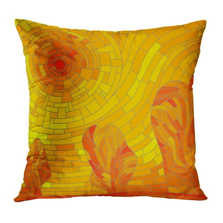 ECCOT Orange Glass Abstract Mosaic Red Hot Sun Trees in Yellow Tone Clouds Window Burning Daylight Horizon PillowCase Pillow Cover 18x18 inch