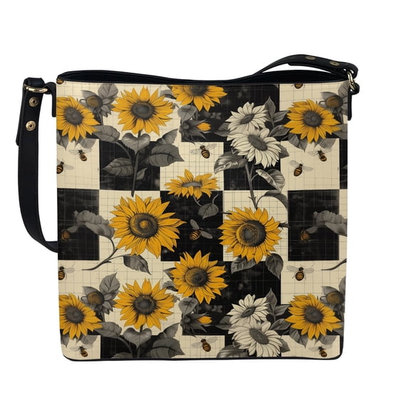 Kuiaobaty Bee Sunflower Print Shoulder Purse for Women, Plaid Print Leather Bucket Tote Bag Crossbody with Adjustable Strap, Roomy Casual Hobo Satchel Purse for Travel & Shopping