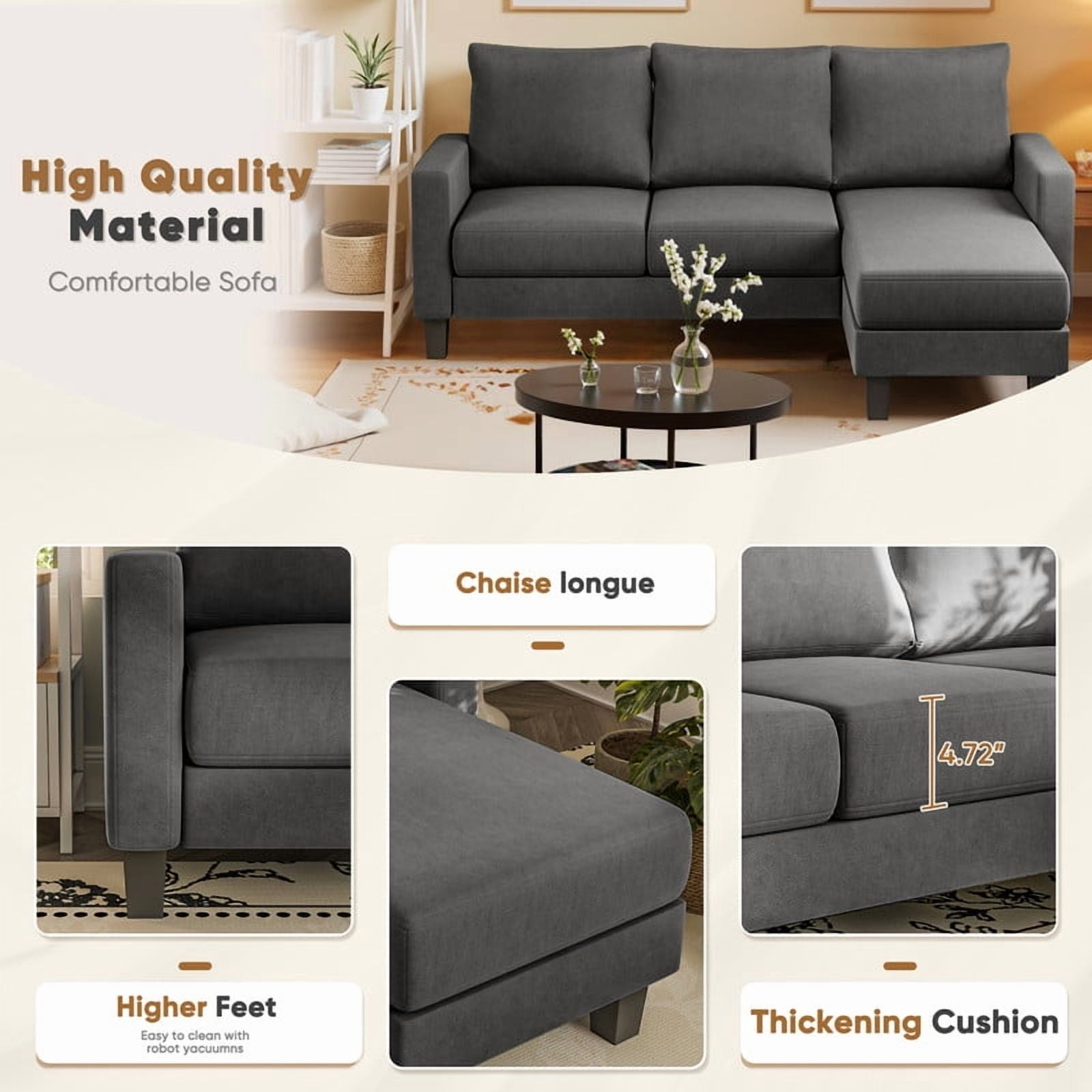 Homall Convertible Sectional Sofa Couch, Modern Linen Fabric L-Shaped Couch 3-Seat Sofa Sectional with Reversible Chaise for Small Living Room, Apartment and Small Space, New Dark Gray
