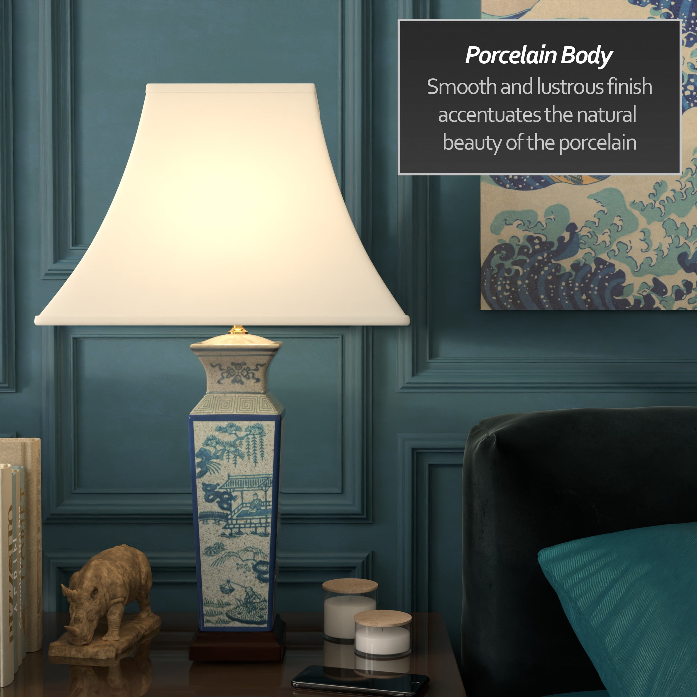 26" Antiqued Blue and White Chinese Porcelain Table Lamp with Shade - Landscape