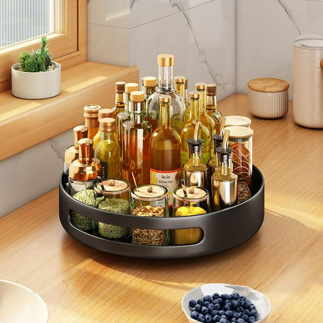 Black Turntable Organizer Countertop Spice Rack, Rotating Spice Rack Single Layer Skincare Lotion Spinning Organizer for Vanity Kitchen Pantry Dining Table Countertop Small