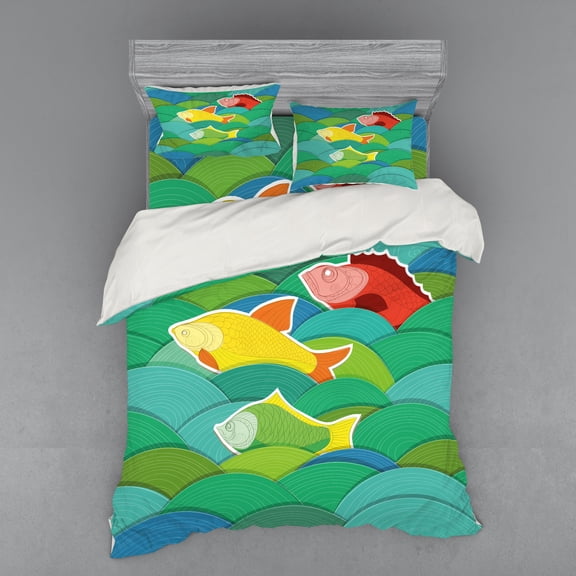 Ambesonne Nautical Bedding Set 4 Pcs, Sea Marine Waves Funky, Queen, Multicolor