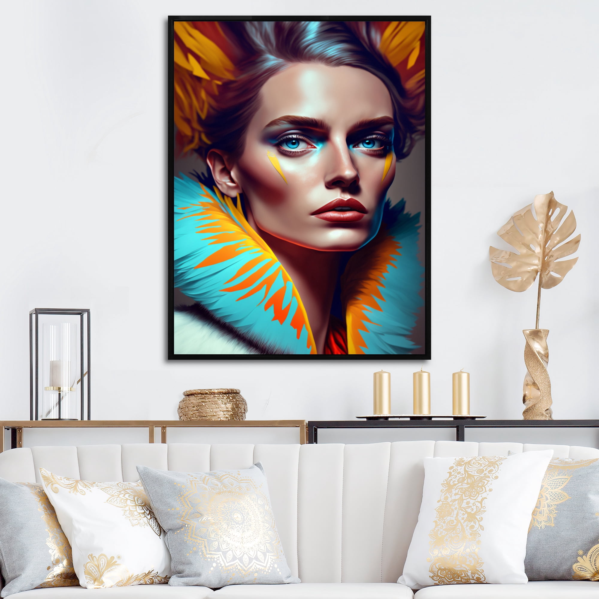 Designart Colorful Sensual Woman In Fur Coat II Floating Frame Wall Art