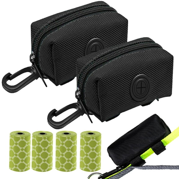 Deally 2 Pack Dog Poop Bag Holder, Poop Bag Holders for Leashes, Doggie Waste Bag Dispenser Small Doggy Poop Bag Zipper Pouch with Carabiner Clip with 4 Rolls of Pet Trash Bags, Black