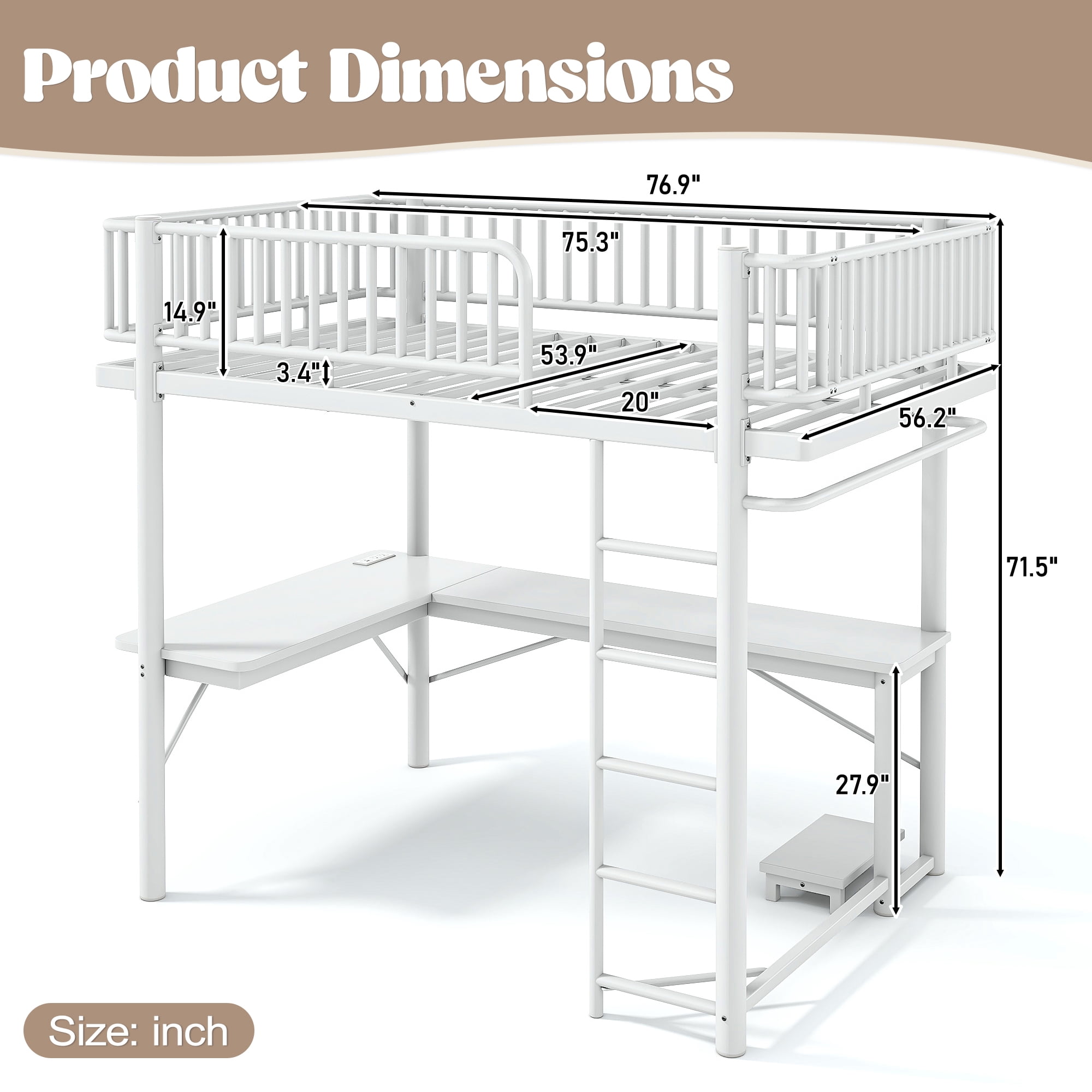 Leumius Full Loft Bed with L-Shaped Desk,LED Light Strip and Charge Station,Metal Loft Bed Frame with Computer Mainframe Tray and Hanging Area,Light White