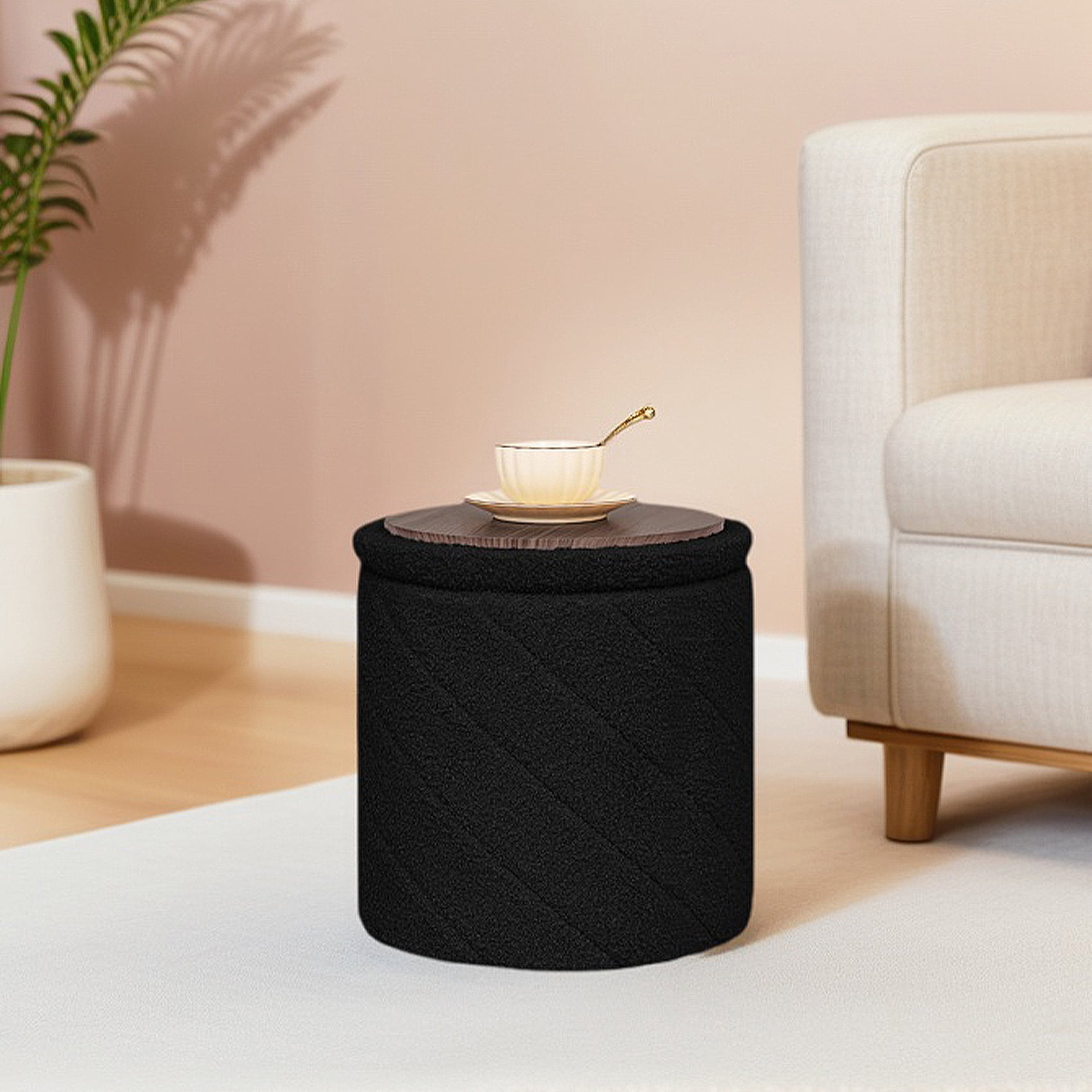 PINPLUS Small Storage Ottoman with Tray Collapsible Foot Rest Stool Seat for Living Room Black,Sherpa Fabric