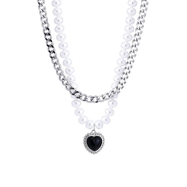 Collar en capas de corazón negro Txlixc Collar de Moda Cadena de metal y perlas