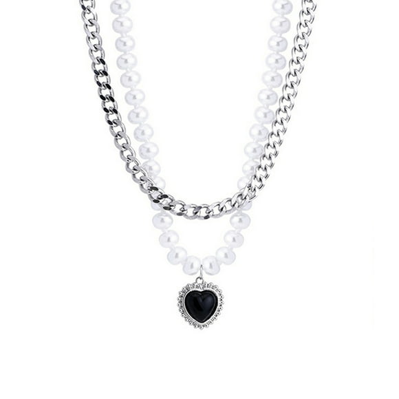 SAYOO Collar en capas de corazón negro, cadena de metal, cadena de perlas, diamantes de imitación brillantes SAYOO Moda