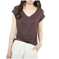 thumbnail image 2 of DPTALR Women's Solid Color V-Neck Short Sleeve Casual Blouse,Coffee,Size M,Women's Plus ,Young Adult Tops, 2 of 4