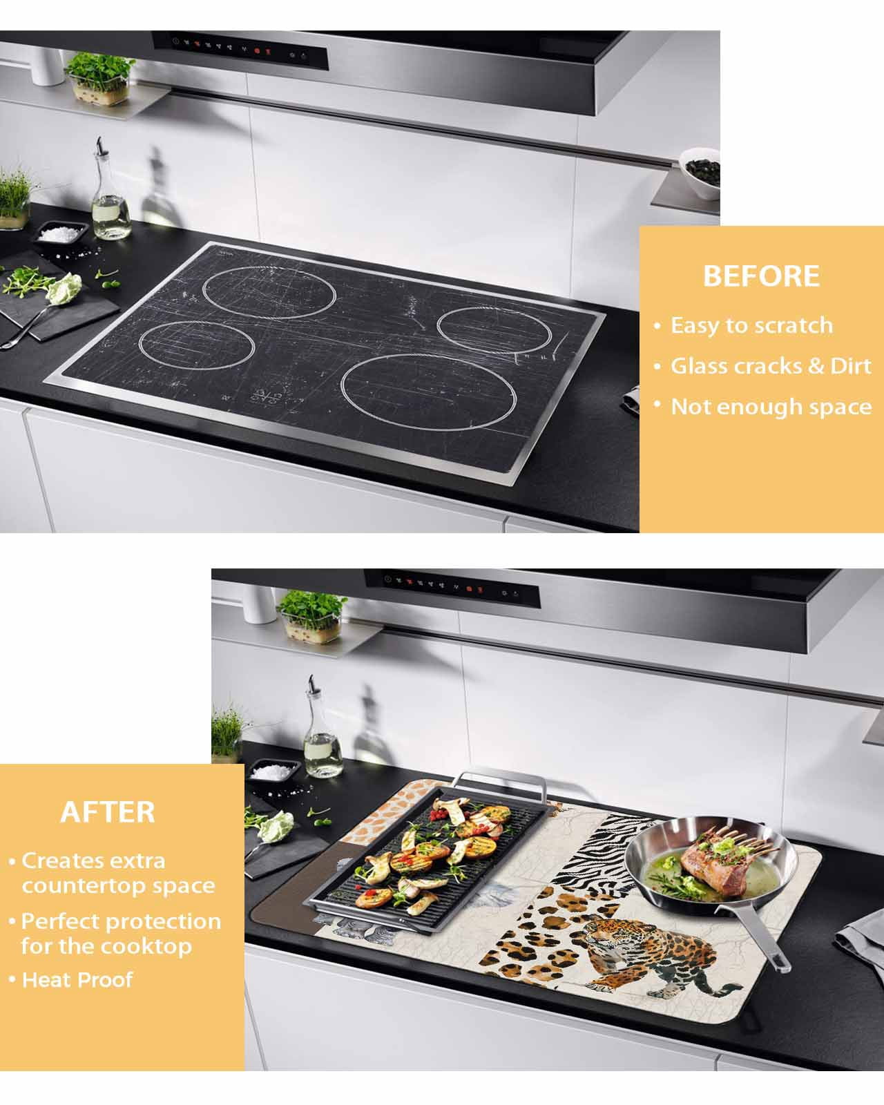 nqOlkjepod Large Induction Cooktop Protector Mat 24"x21", Modern Animals Stove Top Covers for Electric Stove, Vintage Giraffe Zebra Elephant Leopard Stove Burner Cover Mats, Glass Top Stove Cover