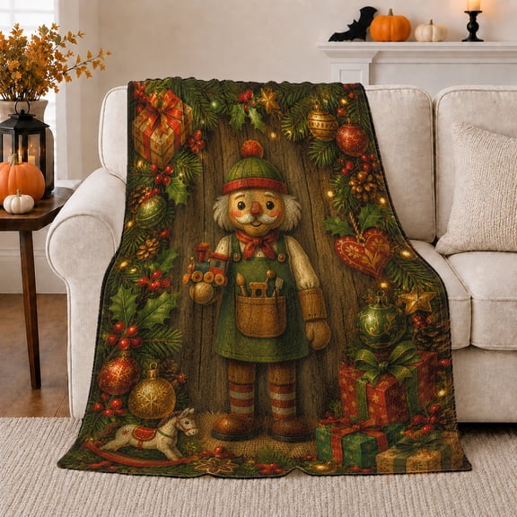Nostalgic Christmas Elf Toy Workshop, Festive Holiday Scene, Warm Flannel Blanket for Living Room and Family Room, Art Lovers Christmas Gift, Festive Home Decor