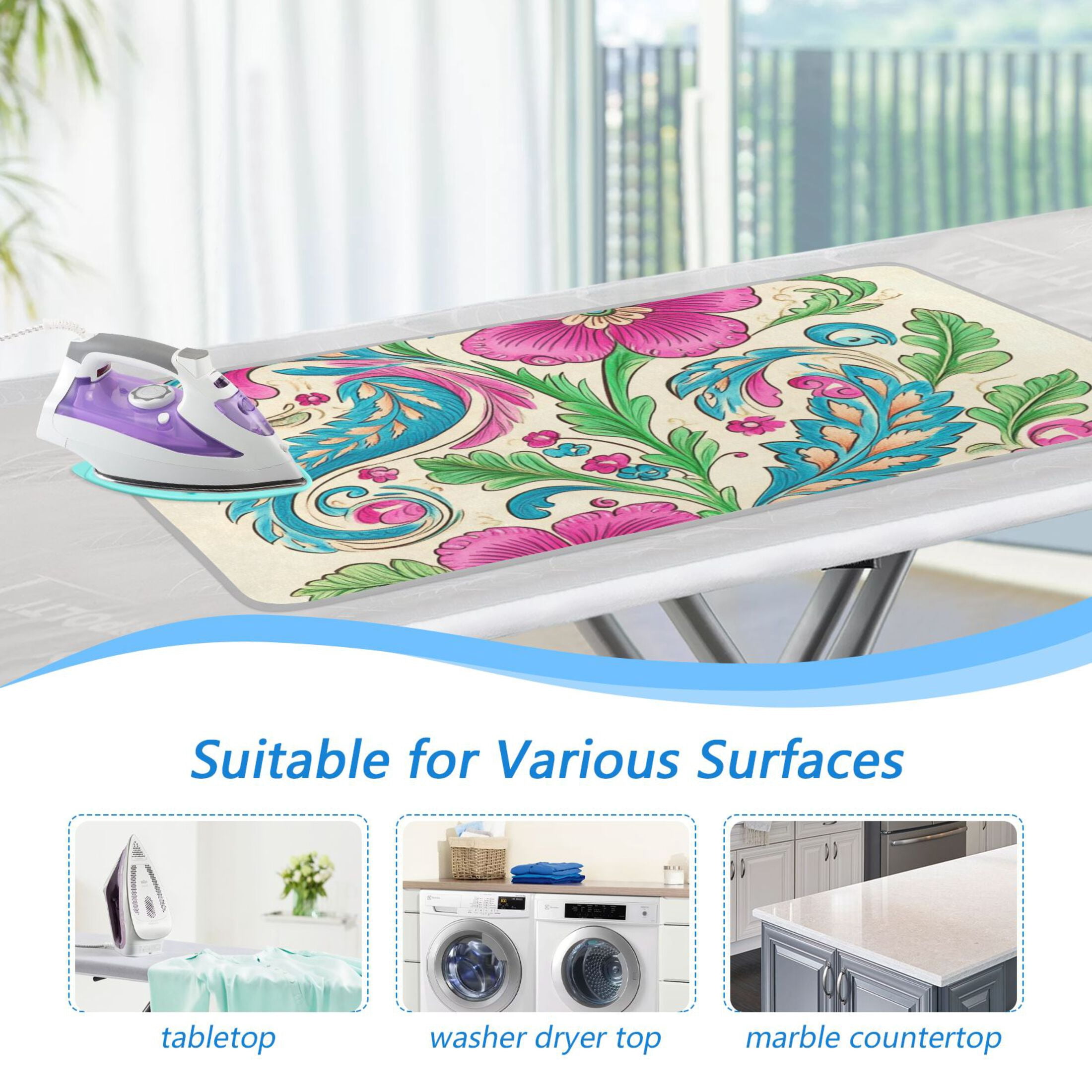 Pinkish Flowers Turquoise Leaves Paisley Style Ironing Mat Blanket Portable Travel Ironing Pad Heat Resistant Pad 47.2" x 27.6”
