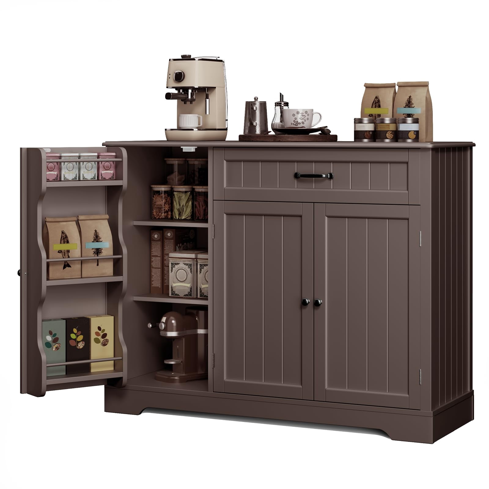Coffee Bar Cabinet, Lofka 42" Farmhouse Kitchen Storage Sideboard Buffet Cabinet with 8 Shelves & 1 Drawer, Multifunctional Console Table for Dining Living Room Entryway Coffee Station, Dark Brown