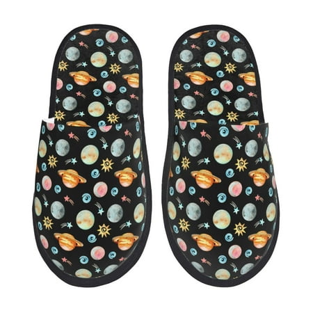 Balery Watercolor Space Planets Slient Indoor Furry Fleece Comfort House Shoes Soft Non-Slip Home Shoes Cotton slippers House Slippers-- Medium