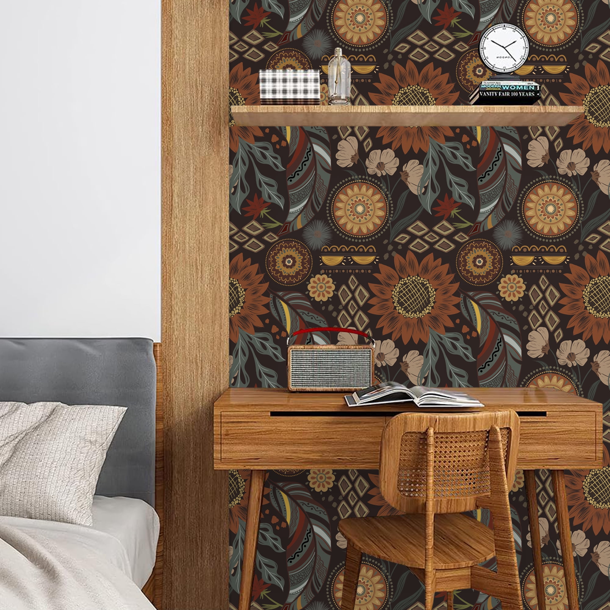 Abyssaly 17.7" x 393.7" Floral Peel and Stick Wallpaper Boho Wallpaper Removable Vintage Flower Contact Paper Retro Mural for Wall Decor Bedroom Bathroom
