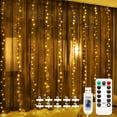 thumbnail image 1 of Guirnalda de luces LED para cortina, 3 x 3 m, 300 luces LED, temporizador con control remoto, 8 modos de luz, acabado cobre, enchufe USB, ideal para decorar paredes de dormitorios, fiestas y bodas (bl, 1 of 5