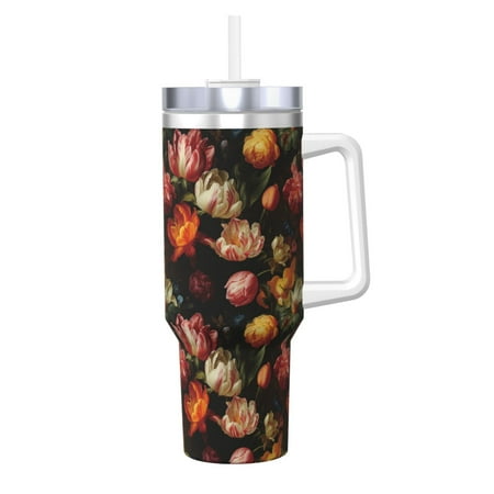 

Fuzoiu Colorful Tulips Print 40OZ Ice Bully Stainless Steel Insulated Cup with Handle and Straw - Perfect for Travel and Sports