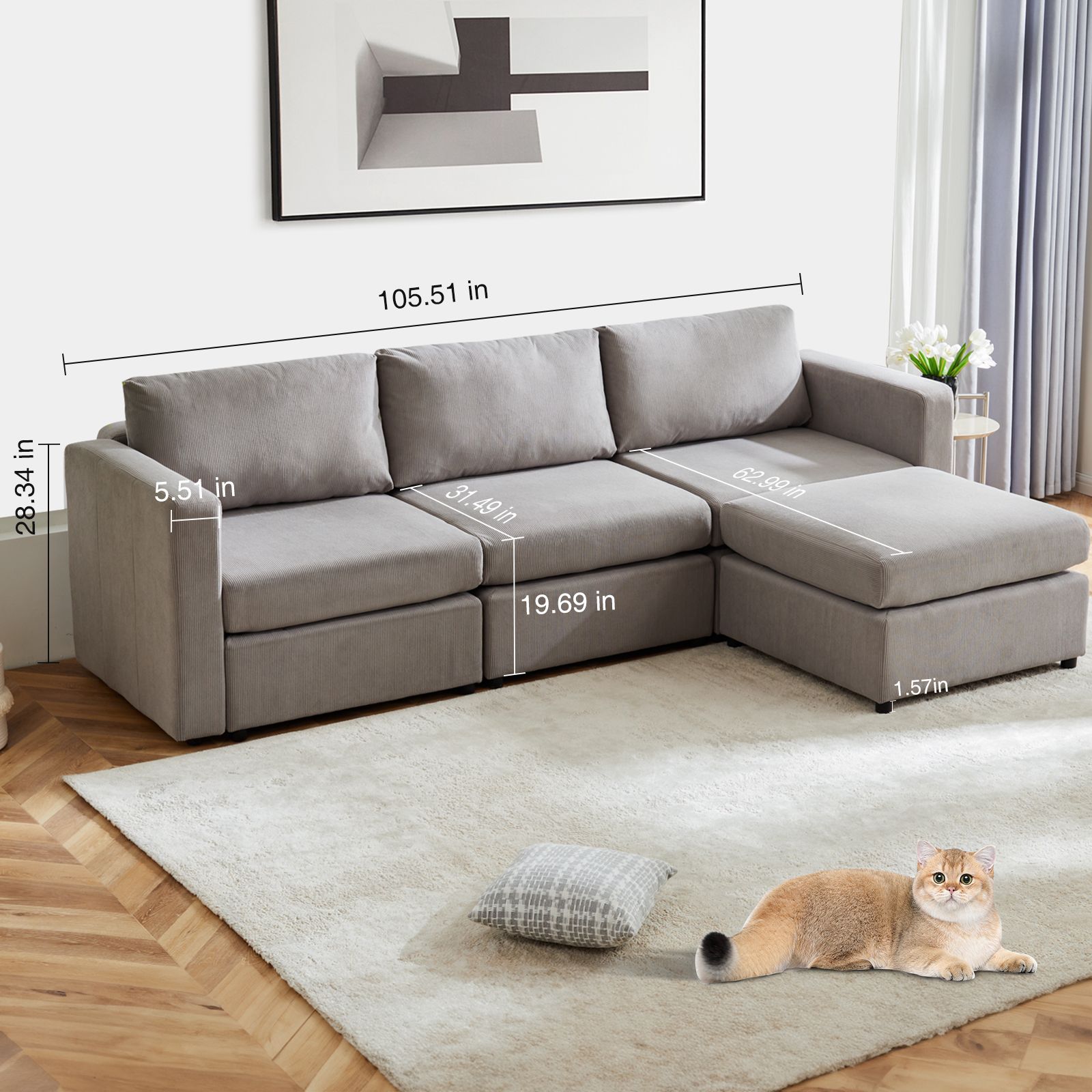 GIANNA Modern Sectional Sofa with 4 Seats 5 Backs, L-Shaped Sofa Set for Living Room, Grey