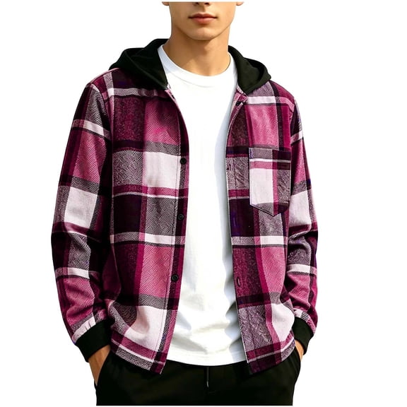 Gealkoca Boys Hooded Plaid Button Down Shirt Jacket, Long Sleeve Casual Flannel Outwear with Pocket, Lightweight Fall Coat for Kids Ages 5-15 Years,Pink_10-11Years
