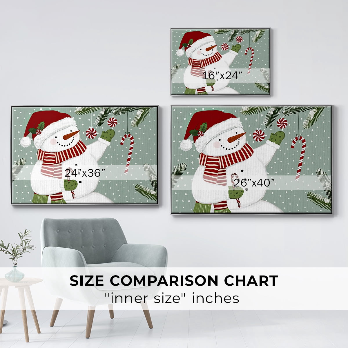 Peppermint Snowman Collection A - Framed Gallery Wrapped Holiday Canvas - 27 x 41 - Silver Frame