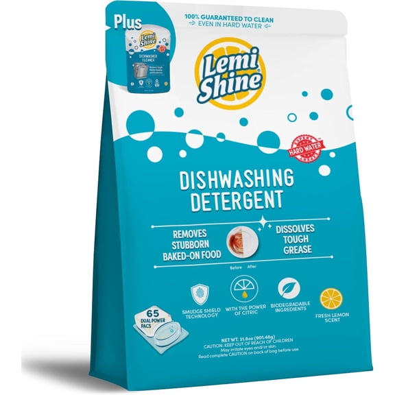 Natural Dishwasher Detergent Pods with Dishwasher Cleaner Pouch - Eco Friendly Cleaning Supplies - 31.8 oz (65 Count)