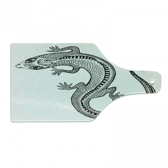 Salamander Cutting Board, Close Shot Illustration of a Detailed Exotic Lizard in a Crown, Decorative Tempered Glass Cutting and Serving Board, in 3 Sizes, by Ambesonne
