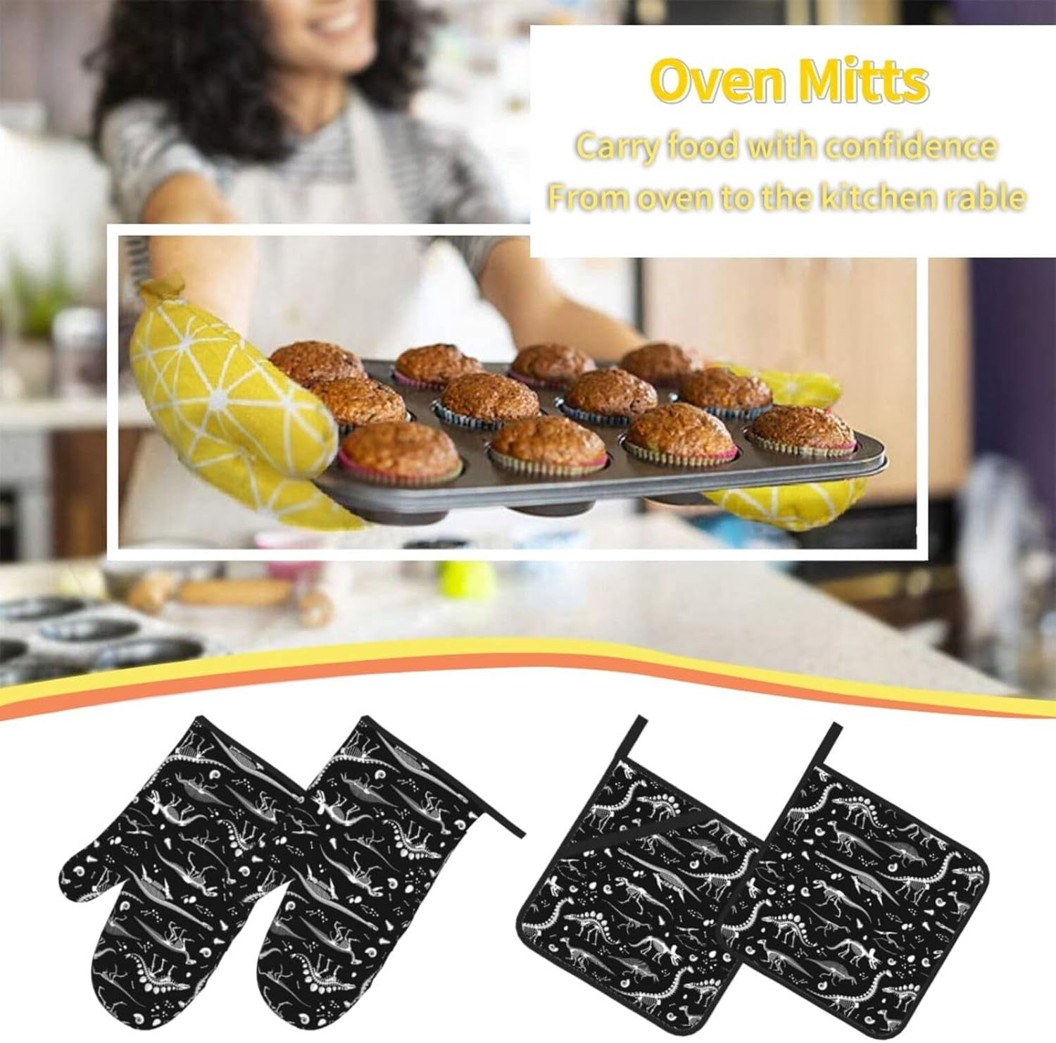 Oven Mitts and Pot Holders Sets of 4, Dinosaur Skeleton Kitchen Gloves for Cooking Baking Black and White Hot Pads BBQ Potholders