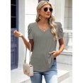 thumbnail image 5 of Womens Summer Shirt V Neck Casual Tshirts Puff Sleeve Tops for Women Trendy Tunic Solid Color, 5 of 6