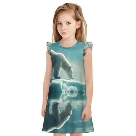Fuzoiu Polar Bear On Iceberg Print Girls  Nightgowns Pajamas Dress Girls Nightgowns Girls Sleepwear Nightie Toddler Nightgown Sleepwear Flutter Short Sleeves Night Gowns for Kids-Large
