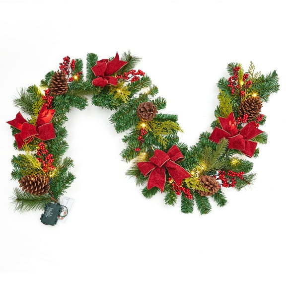 6 ft Christmas Garland with 20 Lights, Pre-Lit Battery Operated with Pine Cones, Red Berries & Bows, Xmas Decoration for Staircase Banister Fireplace Door Table Indoor Outdoor