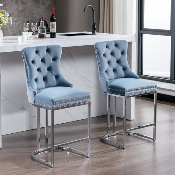 AOOWOW 26" Counter Height Bar Stools Set of 2, Modern Velvet Barstools with Button Back&Rivet Trim Upholstered Kitchen Island Chairs