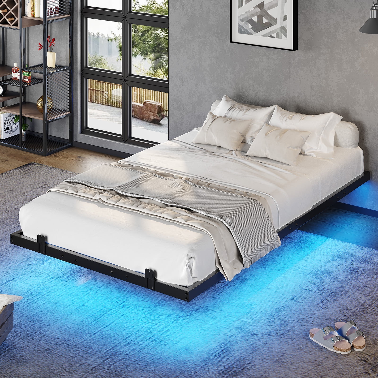 Floating Bed Frame Twin Size Metal Platform Bed with LED Lights for Bedroom, No Box Spring Needed, Black