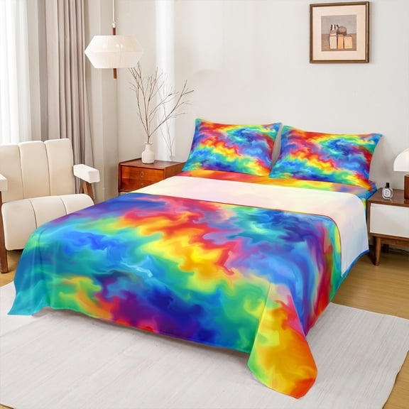 Manfei Watercolor Tie Dye Twin Sheet Sets,Modern Aesthetic Art Twin Fitted Sheet,Yellow Blue Orange Flat Sheet For Child,Super Cozy Room Decor,3 Pieces