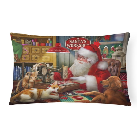 Carolines Treasures PTW2067PW1216 "Santas Workshop Golden Retriever and Cats Canvas Fabric Decorative Pillow " 12H x16W