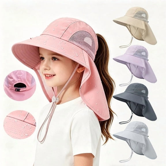 Minzimin 1Pack Kids Ponytail Sun Hat with Wide Brim, Summer Outdoor UV Protection Bucket Fishing Hat with Face & Neck Coverage for Ages 2-10