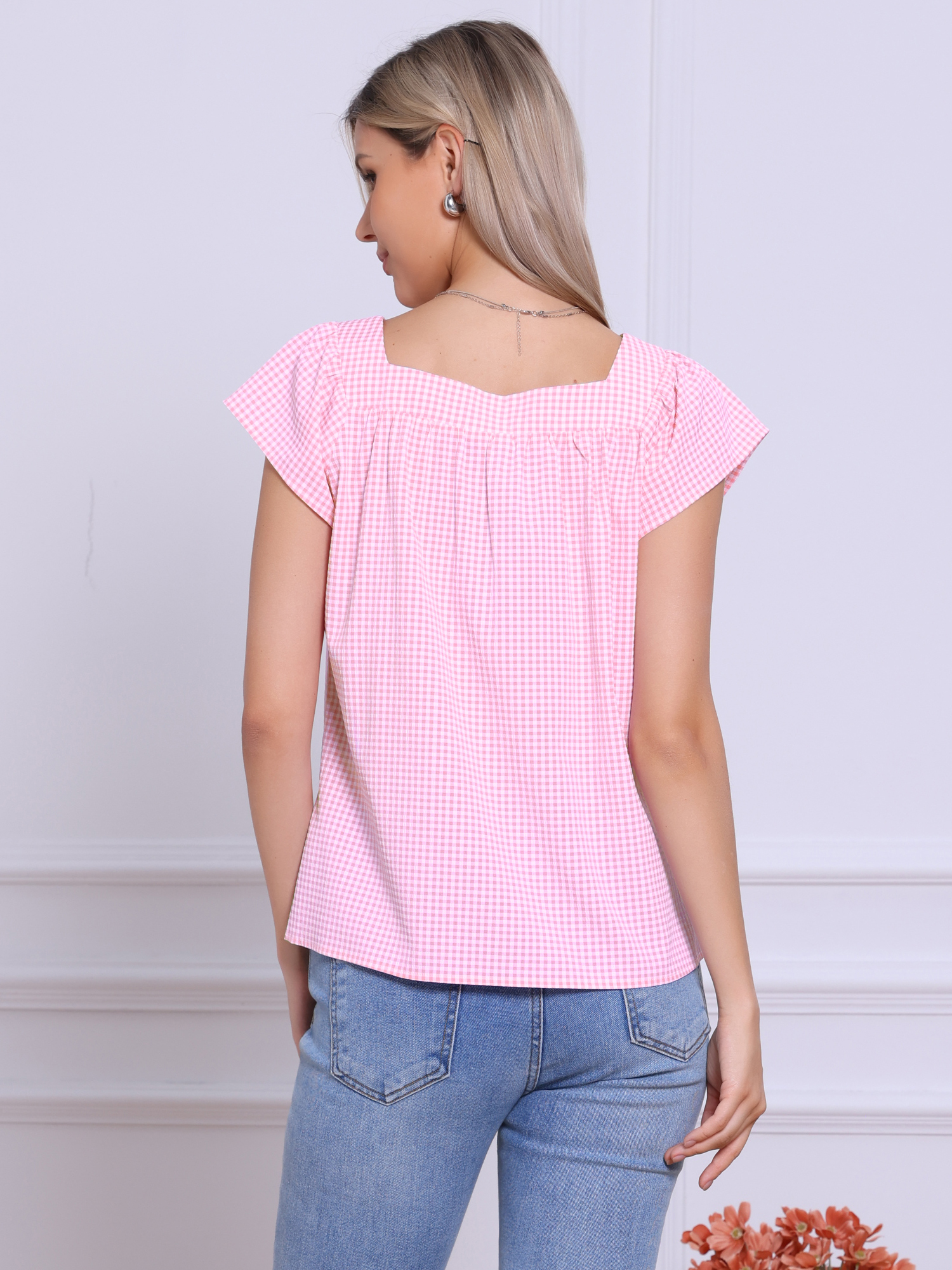 DARING DIVA Women's Cute Cap Sleeve Square Neck Plaid Blouses S Pink