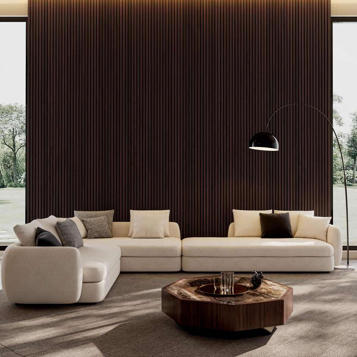 2PC 3D Fluted Wood Slat Acoustic Panels 45.27''X23.62'' Dark Walnut Sound Absorbing Panels for Wall & Ceiling Three Sides Fully Wrapped