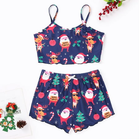 

Jiyugala Christmas Short For Women Women s 2PCS Sleepwear Set Christmas Pattern Christmas Santa Deers Print Lettuce Trim Cami Top Vest And Shorts Hot Pants Thin Pajama Set Sleepwear