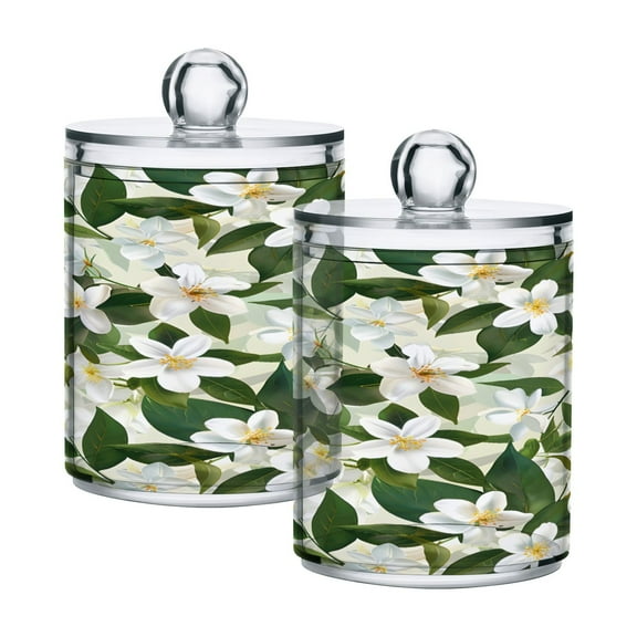 Ryvnso 2 Pack Qtip Holder Organizer Lily with Green Leaf Bathroom Cotton Swabs Cans Storage Canister