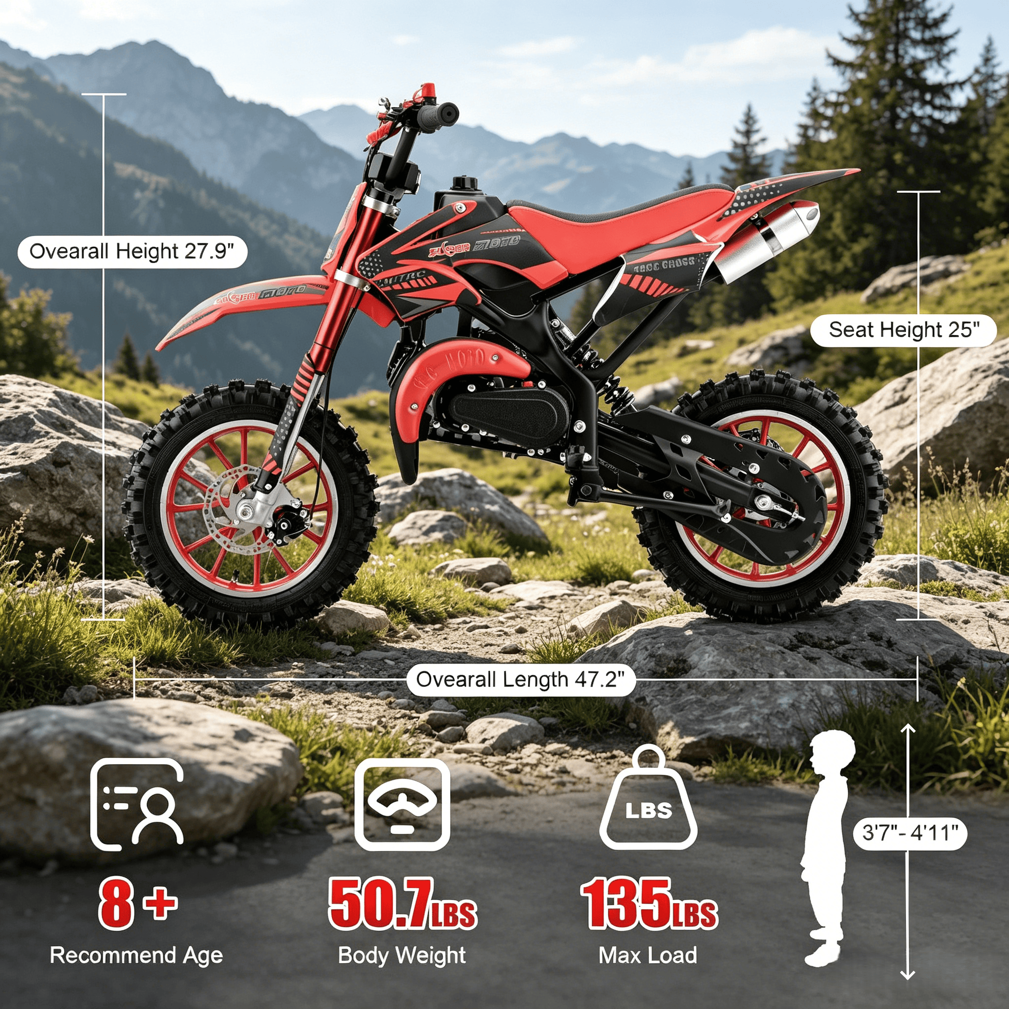 Ktoebyco 49cc Kids Dirt Bike, Gasoline Powered 2-Stroke Mini Motorcycle, 1-Seater, 1.5L Fuel Capacity, Red